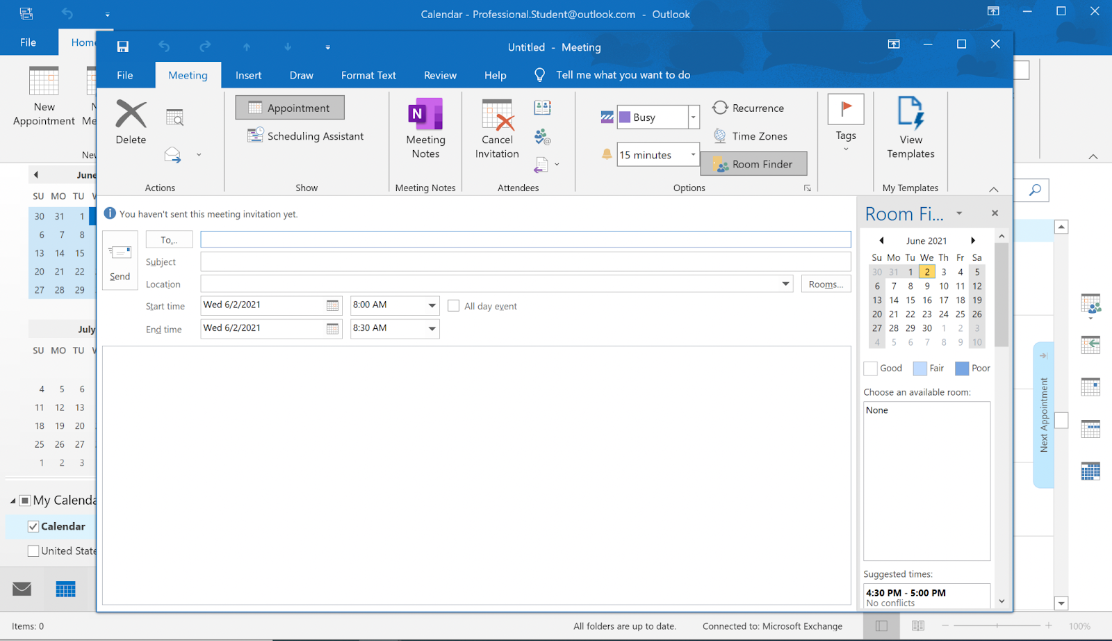 Screenshot of a New Meeting popup window in Outlook