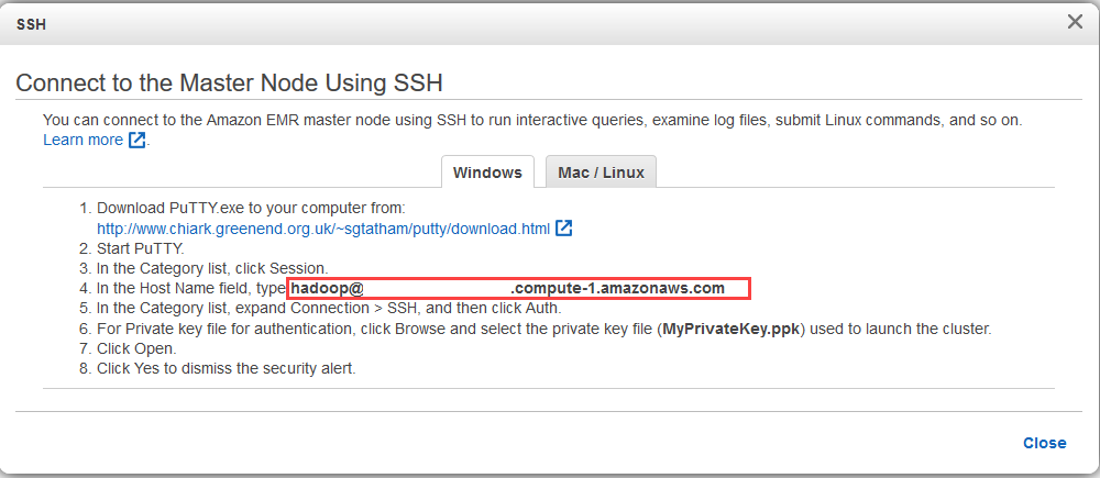 Click on Connect to the Master Node Using SSH link which will give you detailed instructions for logging in.