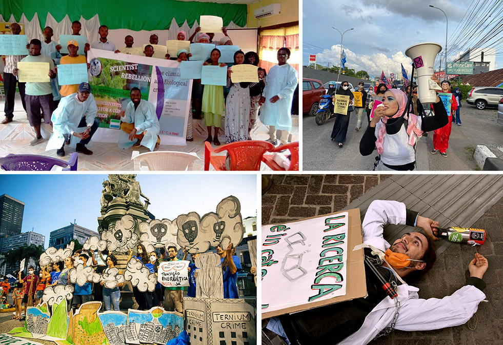 A montage of action in different continents of the world - a group of scientists hold banners in sierra leone, people march in Indonesia, people rally in Brazil, an Italian scientist lies exhausted on the pavement.
