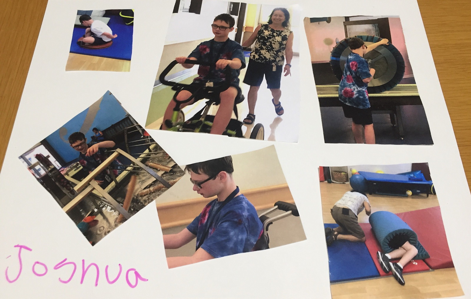 This is a photo collage of Joshua on a white posterboard. There are photographs of him doing different activities at school