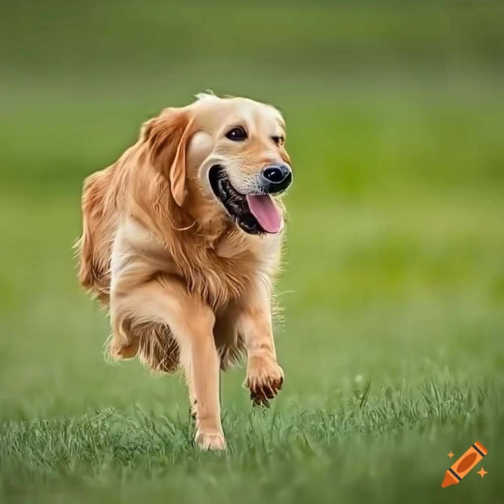 An AI generated image of a Golden Retriever dog running through a field using Craiyon AI after upscaled.