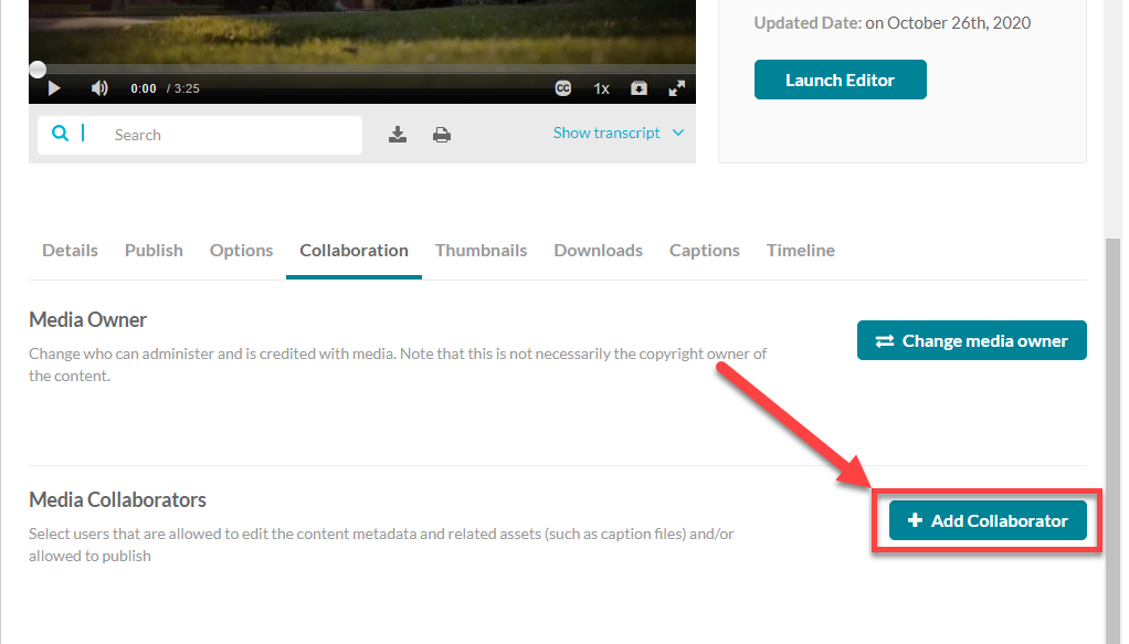 Edit Media page on the Collaboration tab. The Add Collaborator button is highlighted