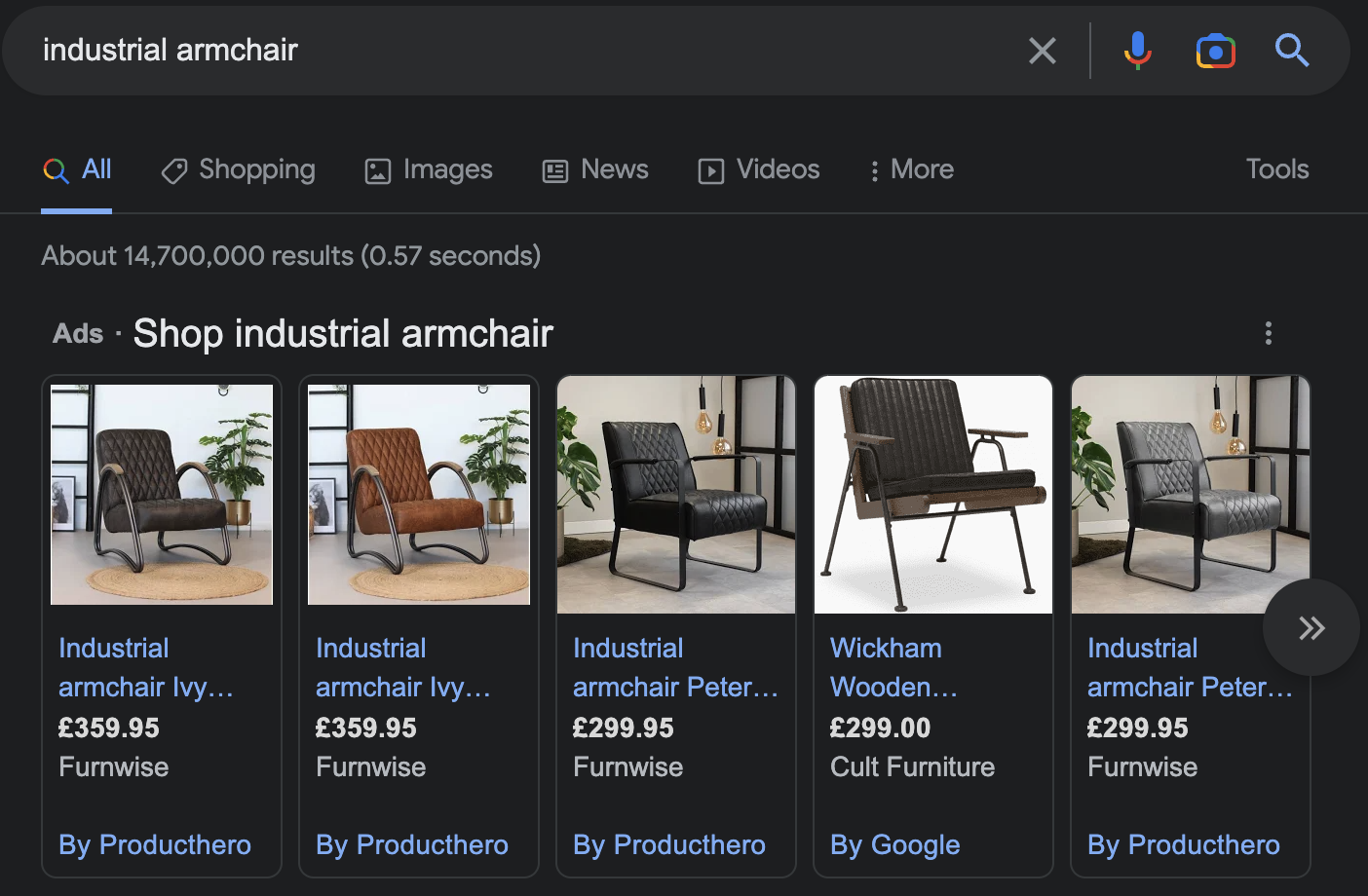 Screenshot of a Google search for industrial leather arm chair 
