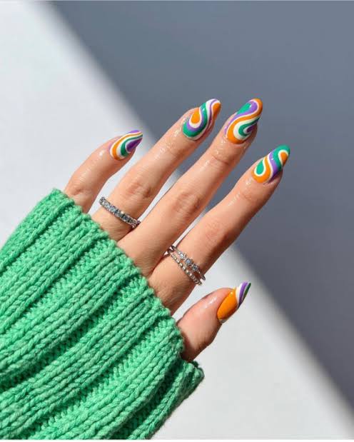 Psychedelic Swiggles almond nails