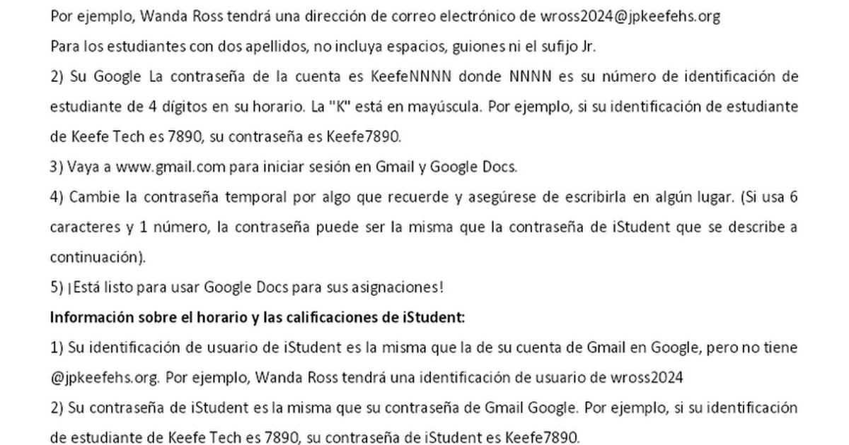 2020-21 Gmail and iStudent Login info - Spanish