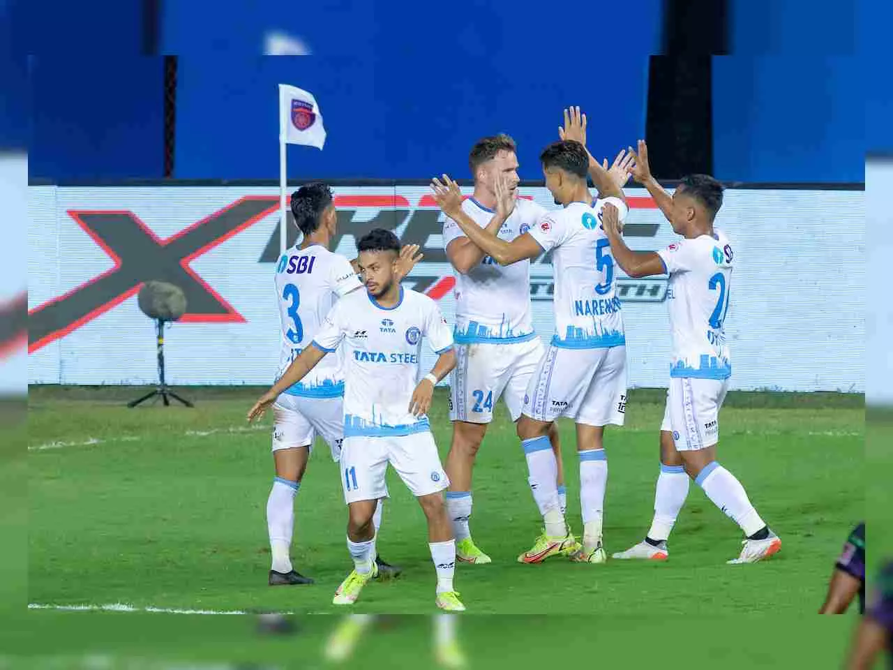 Jamshedpur players celebrate after scoring a goal 