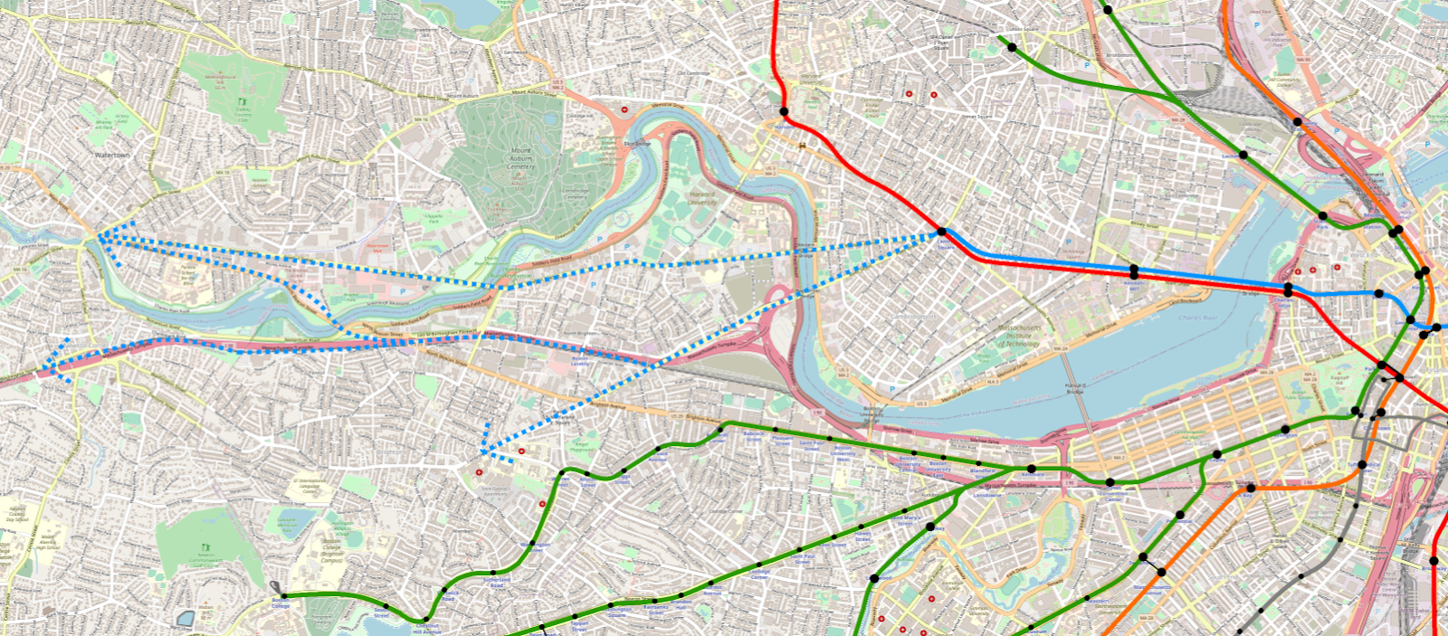 A map of the current MBTA rapid transit system, showing Back Bay, Longwood, Brookline, Allston, and Cambridge. The Blue Line is extended to Charles/MGH and then across the river to Kendall/MIT, doubling the Red Line to Central. Dotted lines mark possible extensions west to Watertown via Western Ave & Arsenal St or Cambridge St, the Mass Pike & N Beacon St, to Newton Corner via Cambridge St & the Mass Pike, or to Allston/Brighton via Cambridge St.