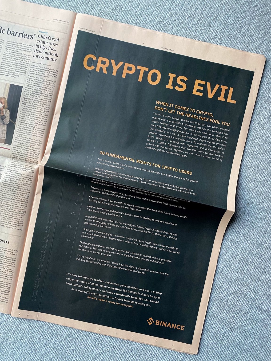 Binance first-ever ad on Financial Times