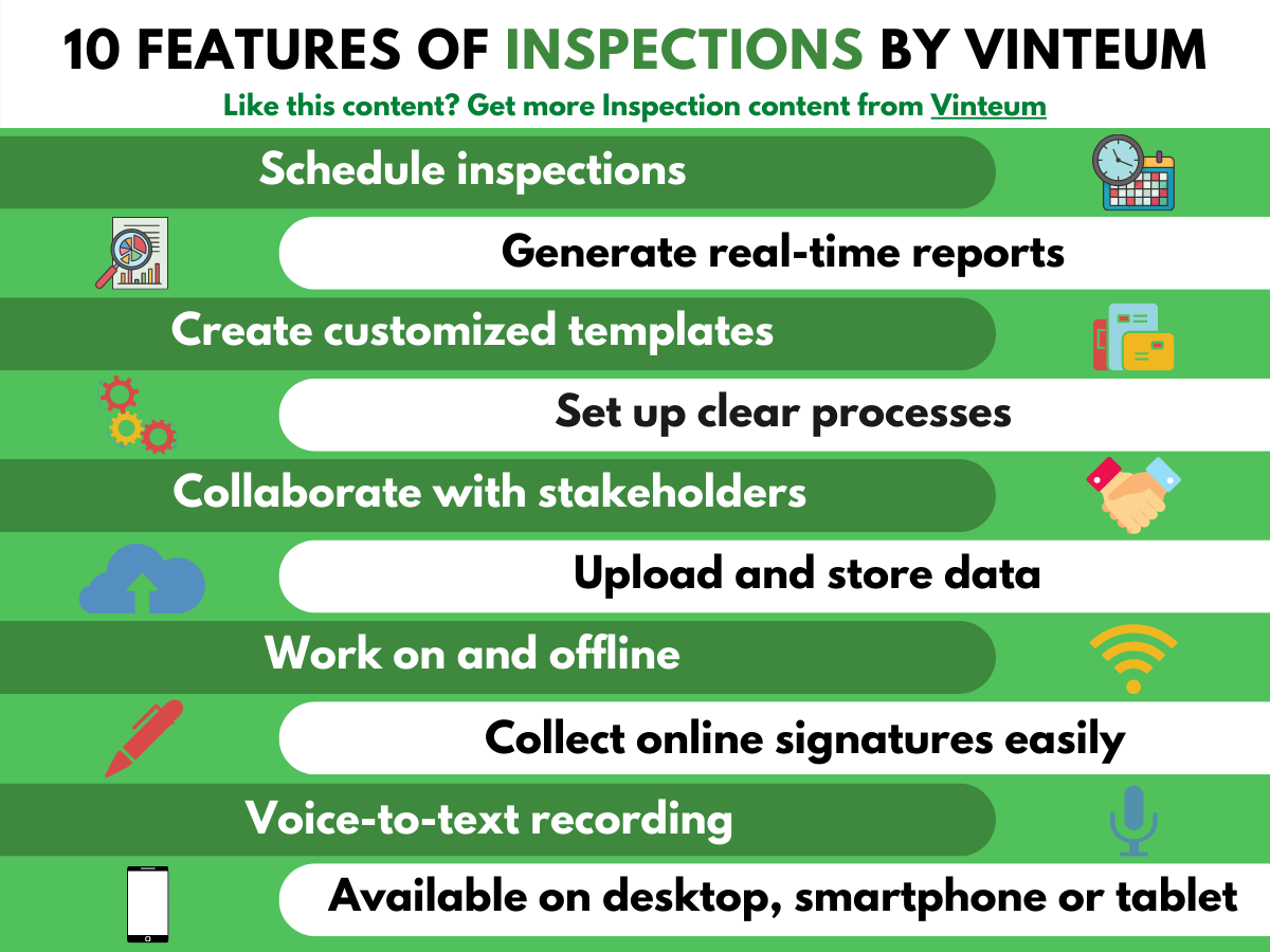 Infographic: Discover the 10 powerful features of Inspections by Vinteum, a leading home inspection software for iPad.