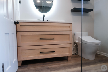 luxury vinyl plank flooring for bathroom remodel with vanity and sink custom built