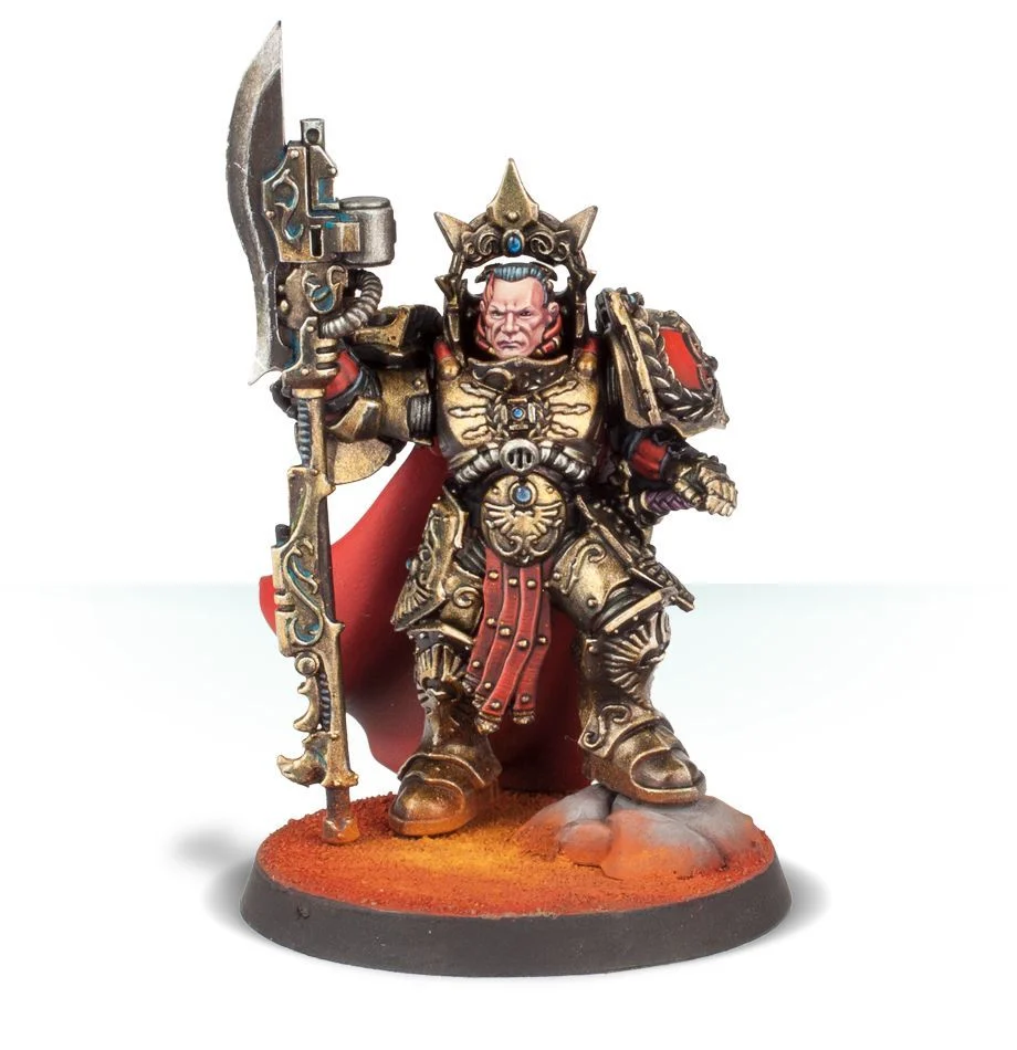 A Legio Custodes Shield Captain from Forge World, painted in the colours of the custodes, gold with red trim. He is equipped with a Guardian Spear and is unhelmeted. His pose is at rest.