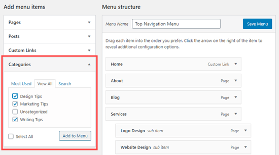 Adicionando categorias ao seu menu