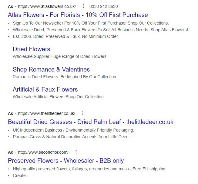Screens of search results with bulleted lists being experimented within descriptions of Search Ads
