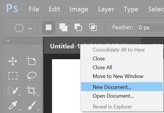 Adobe Photoshop create new document 