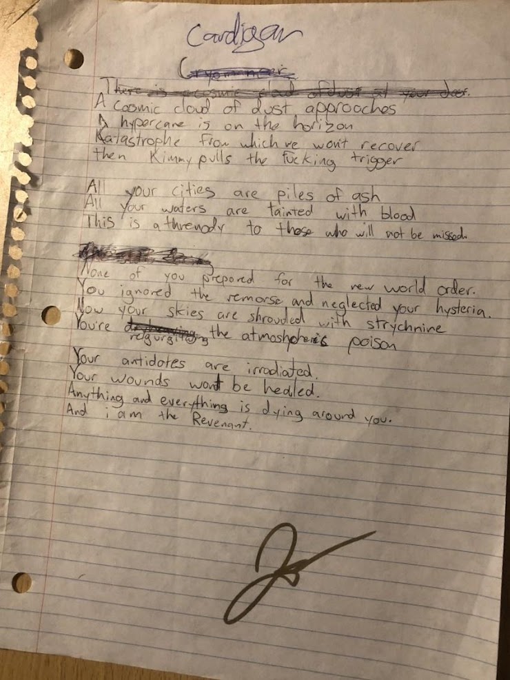 “No It’s A Cardigan, But Thanks for Noticing” Autographed Lyric Sheet