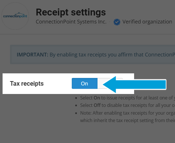 Screenshot of Receipts window. It reads 'Tax receipts' and has an on/off toggle switch. It is toggled to 'on' with a blue arrow pointing to it. 