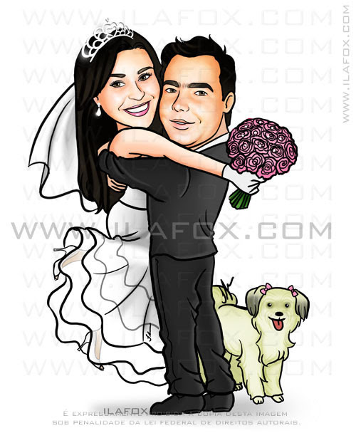 Caricatura noivinhos, corpo inteiro, colorida, noivo abraçando noiva, com cachorrinho, caricatura para casamento by ila fox