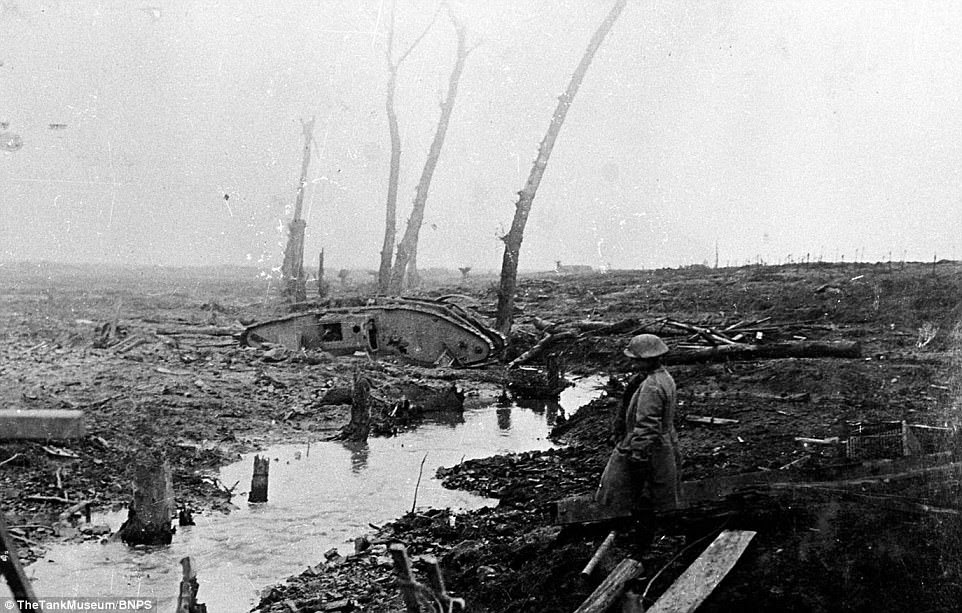 A Mk IV tank stranded in the quagmire of Passchendeale. Fray Bentos was called into action during the Third Battle of Ypres on August 22, 1917