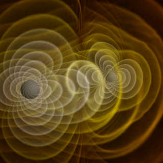 Frame from a simulation of the merger of two black holes and the resulting emission of gravitational radiation (colored fields, which represent a component of the curvature of space-time). The yellow areas near the black holes do not correspond to physical structures but generally indicate where the strong non-linear gravitational-field interactions are in play.Credit: NASA/C. Henze