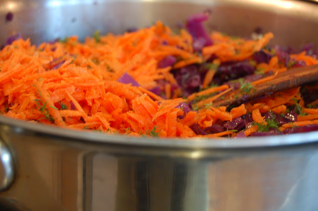 Cooking the pie filling - carrots and cabbage by Eve Fox, Garden of Eating blog, copyright 2011