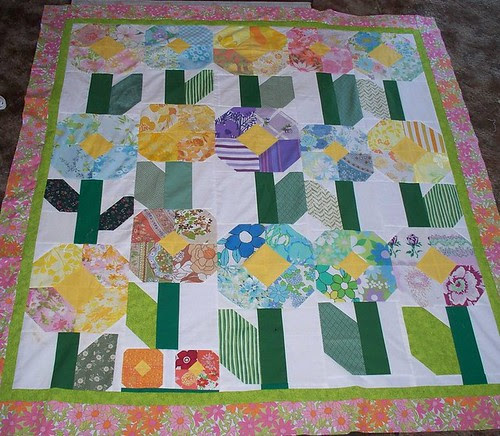 vintage sheet flower quilt top