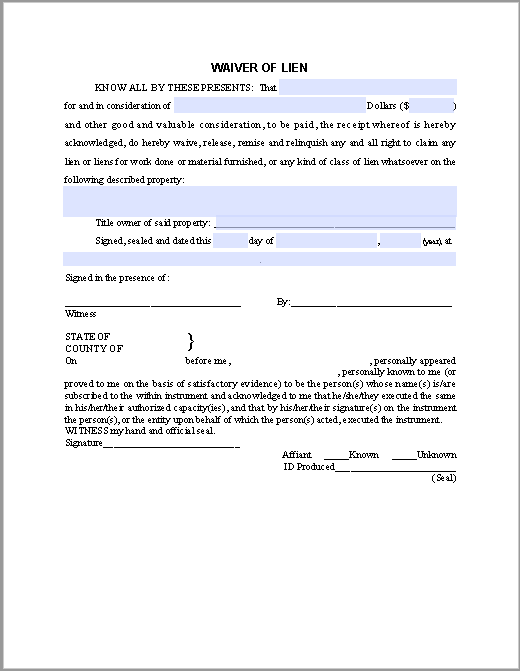 Printable Waiver Of Lein Form - Printable Forms Free Online