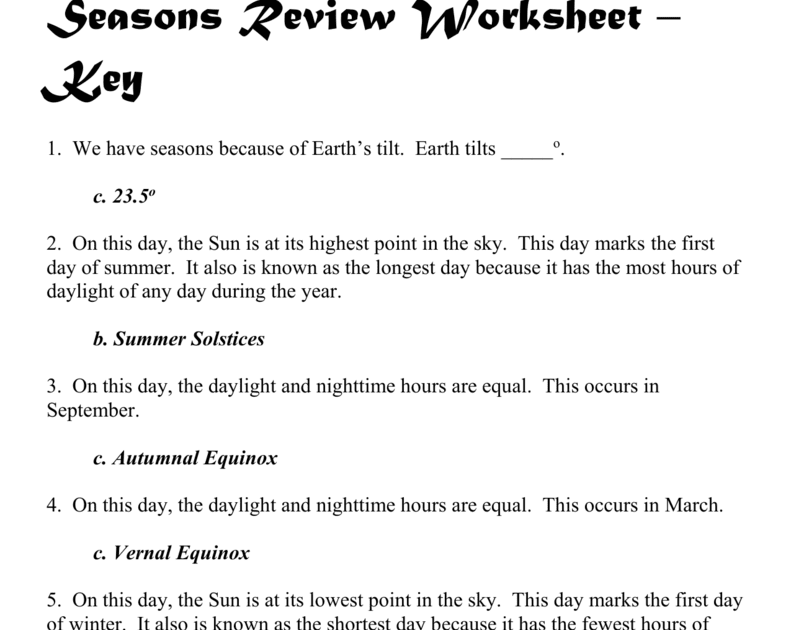 Seasons Review Worksheet Answer Key - A Worksheet Blog