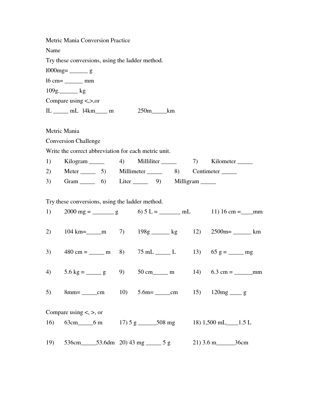 Metric Mania Worksheet Metric To English