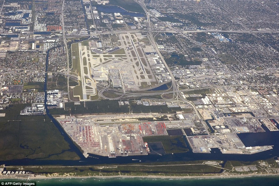 An aerial view taken on April 20, 2016 shows the Fort Lauderdale-Hollywood airport in Florida, where a gunman opened fire on Friday
