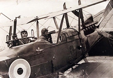 Attack: Group Captain Tilden Thompson in his 100mph plane. He is believed to have been the pilot that shot down the Red Baron