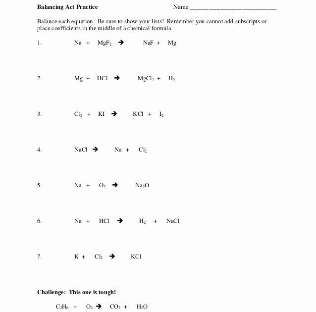 Worksheet: More Practice Balancing Equations Balance The Following