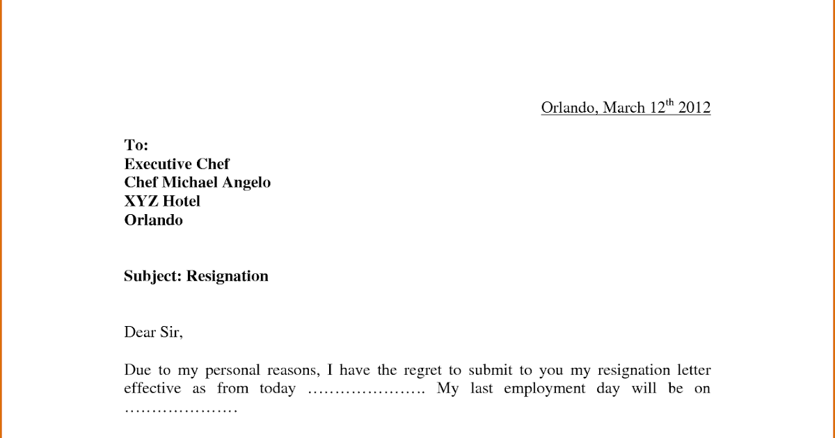 Resignation Letter For Restaurant Manager - Sample Resignation Letter