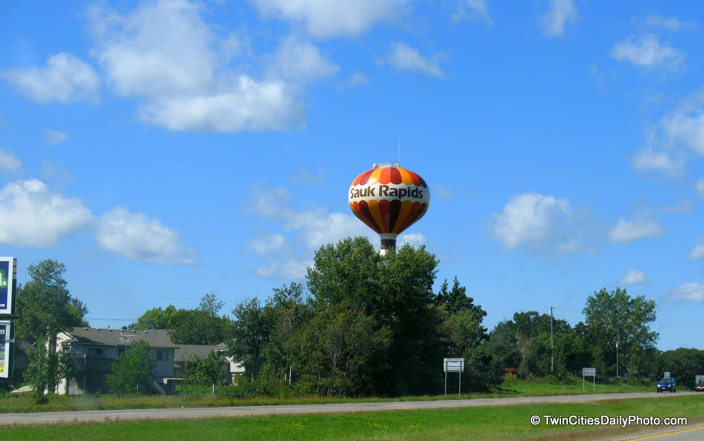 The water tower in the city of Sauk Rapids.