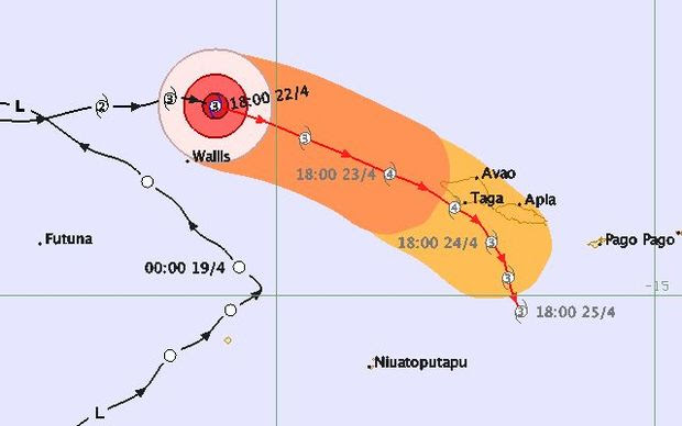 A map predicting the path and strengths of Cyclone Amos on Saturday. It is expected to affect most of Samoa as a category four.
