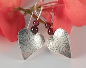 Silver Heart Earrings with Garnets, Garnet and Heart Sterling Silver Earrings, Miniature Flowers - EfratJewelry