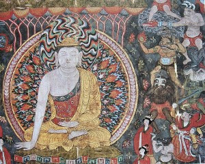 La primera representación conocida de un arma de fuego (una «lanza de fuego») y una granada (esquina superior derecha), en las cuevas de Dunhuang, c. 950 d.C.