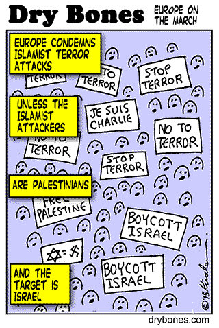 Kirschen, Dry Bones cartoon,Jews, Islamists, terror, terror attacks, Europe, 2015, France, Paris, antisemitism, Palestine, occupation, boycott,