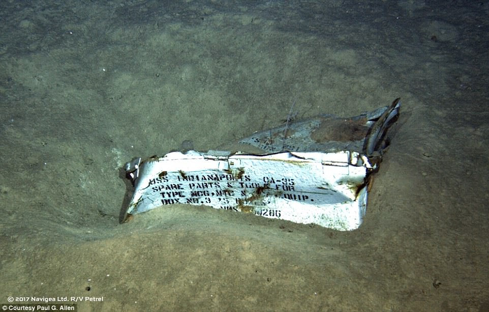 Image shows a spare parts box from USS Indianapolis on the floor of the Pacific Ocean in more than 16,000 feet of water
