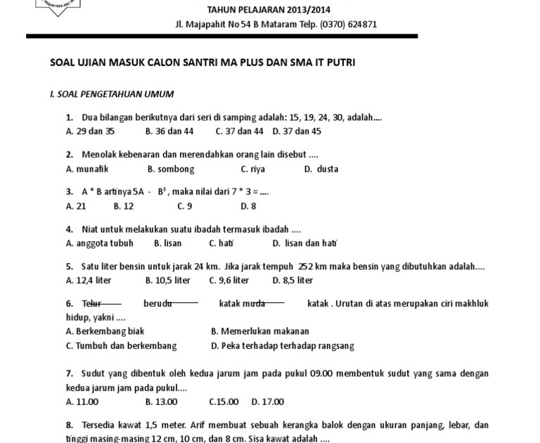 Contoh Soal Tes Masuk Pondok Pesantren Literatur