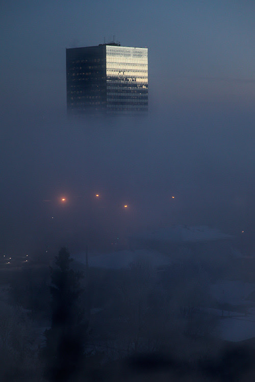 a building in the fog, Anchorage, Alaska