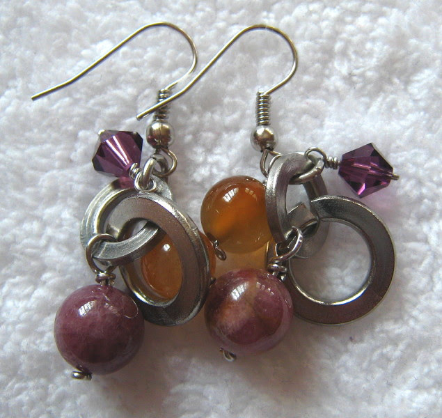 wire wrapped washer earrings Stainless steel washers earrings wire wrapped with gemstones
