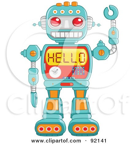 Royalty-Free (RF) Clipart Illustration of a Friendly Green Robot Waving And Reading Hello On His Chest by yayayoyo