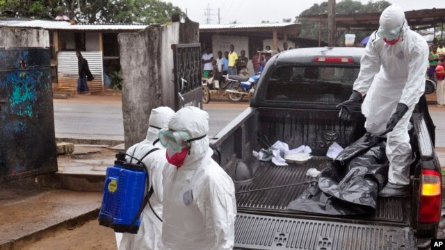 Các nhân viên y tế trong trang phục bảo hộ sau khi chuyển thi thể của một người mà họ nghi là chết vì nhiễm phải virus Ebola ở Monrovia, Liberia, 16/9/2014.