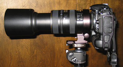D200 with 80-400mm lens attached to tripod via lens collar and plate