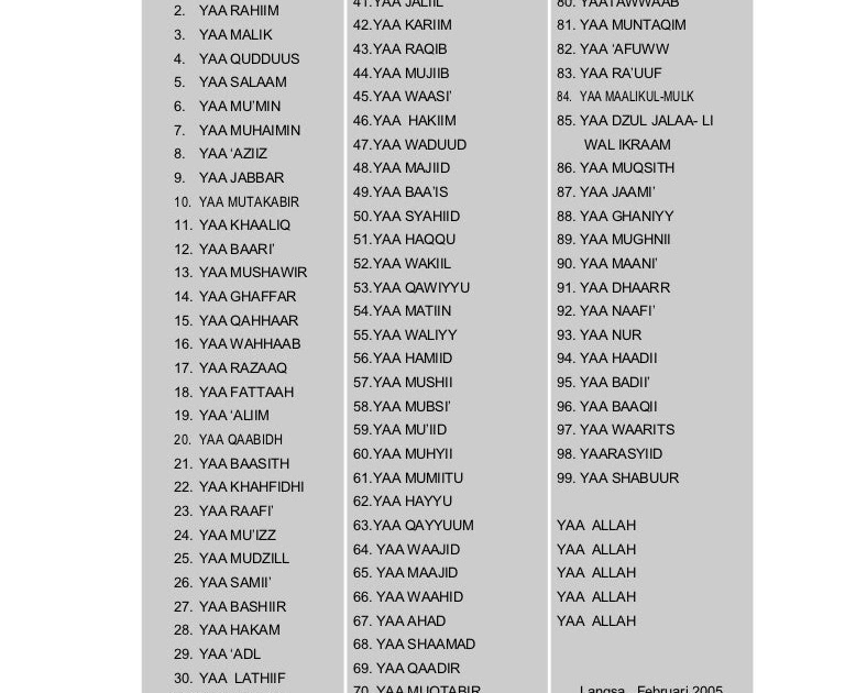 Lirik Lagu Teks Asmaul Husna Latin / Tulisan 99 Asmul Husna Arab Latin