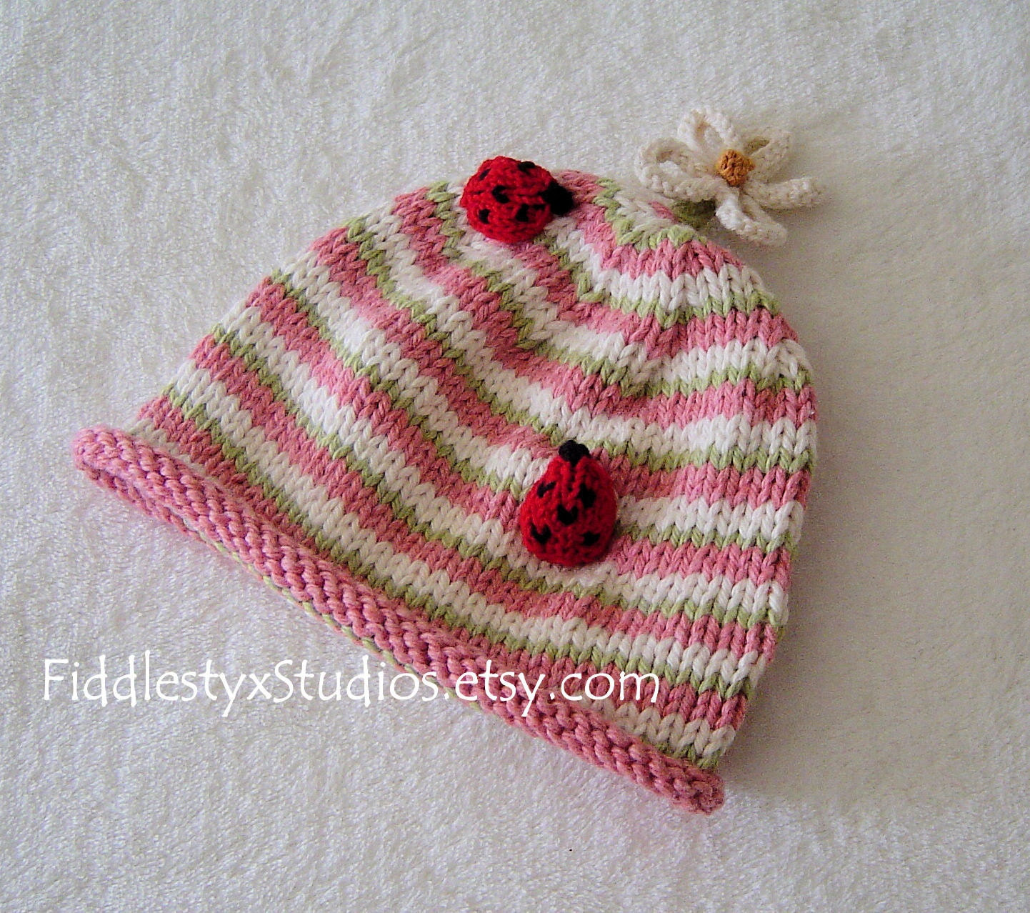 Spring Baby Girl Knitting Pattern Ladybug Pink Knitted Hat Easter Newborn Infant Toddler DIY PDF Knit Hat Pattern Kids Children Clothing