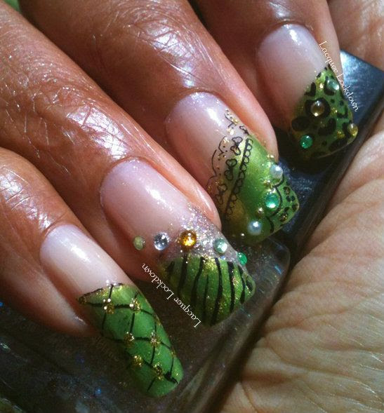 Leopard Laced Peridot Mani Lacquer Lockdown - LLDBHB, peridot, green, leopard print, zebra print, grid print, bling, rhinestones, safari nails, lace print nails, rhinestone nails, stamping, Cheeky plates, Shany plates, Konad