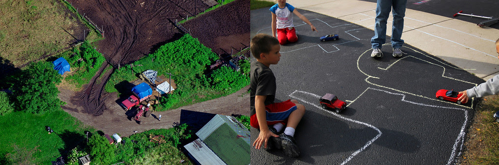 Description of . From the air, field boundaries and farm machines of a 118-acre cattle operation shrink to the size of chalk lines and children's toys on a suburban driveway. Photos by Scott Strazzante.