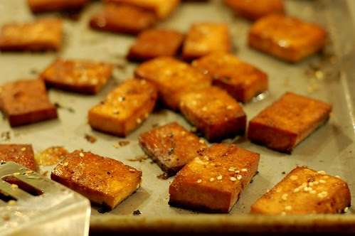 Baked marinated tofu squares by Eve Fox, Garden of Eating blog, copyright 2011
