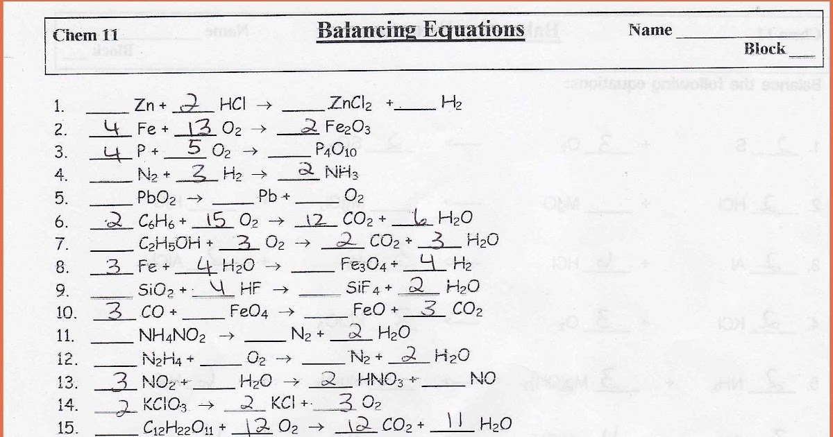 262 Balancing Chemical Equations Answer Key / 12 Best Images of